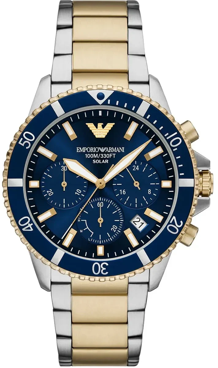 Emporio Armani World Explorer Chronograph Blue Dial Two Tone Steel Strap Watch for Men - AR11740
