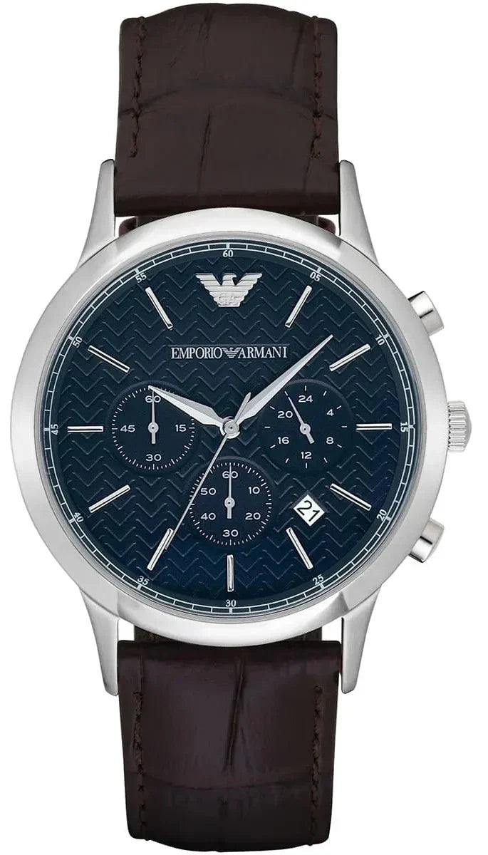 Emporio Armani Renato Chronograph Blue Dial Black Leather Strap Watch for Men  - AR2494