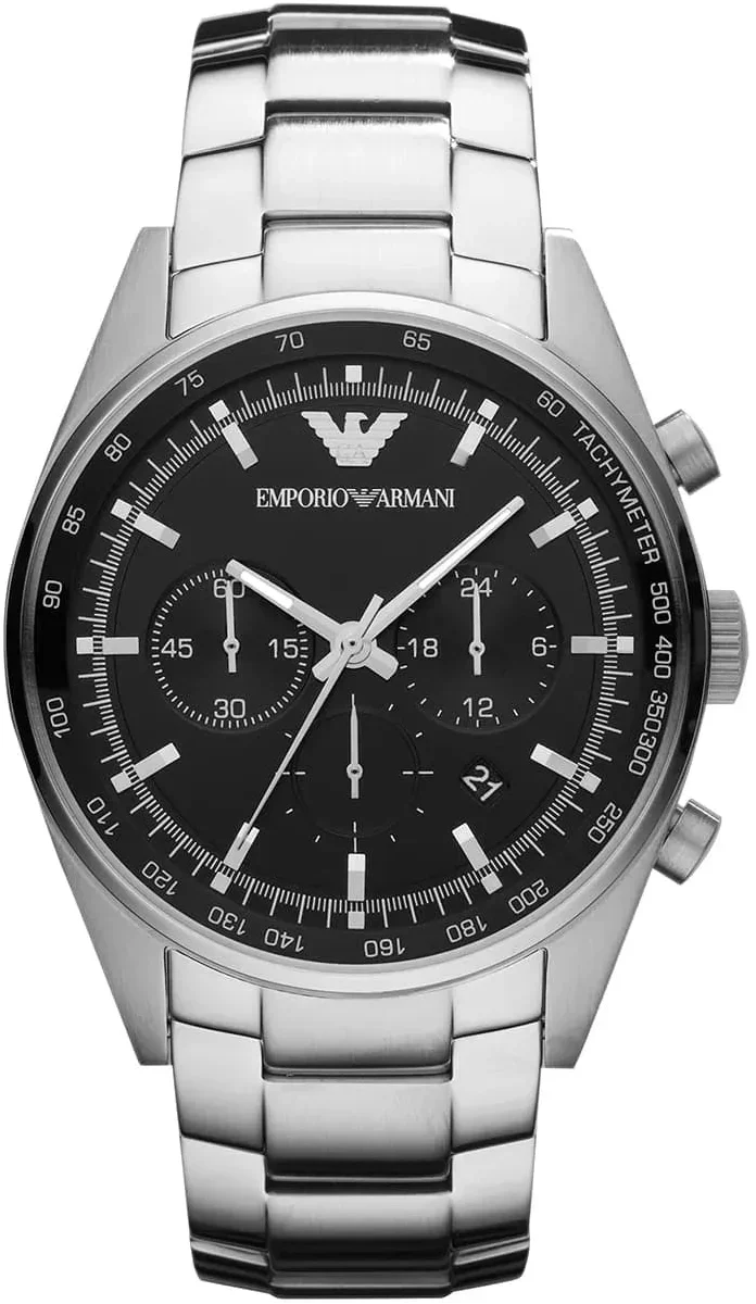 Emporio Armani Tazio Chronograph Black Dial Silver Steel Strap Watch for Men - AR5980