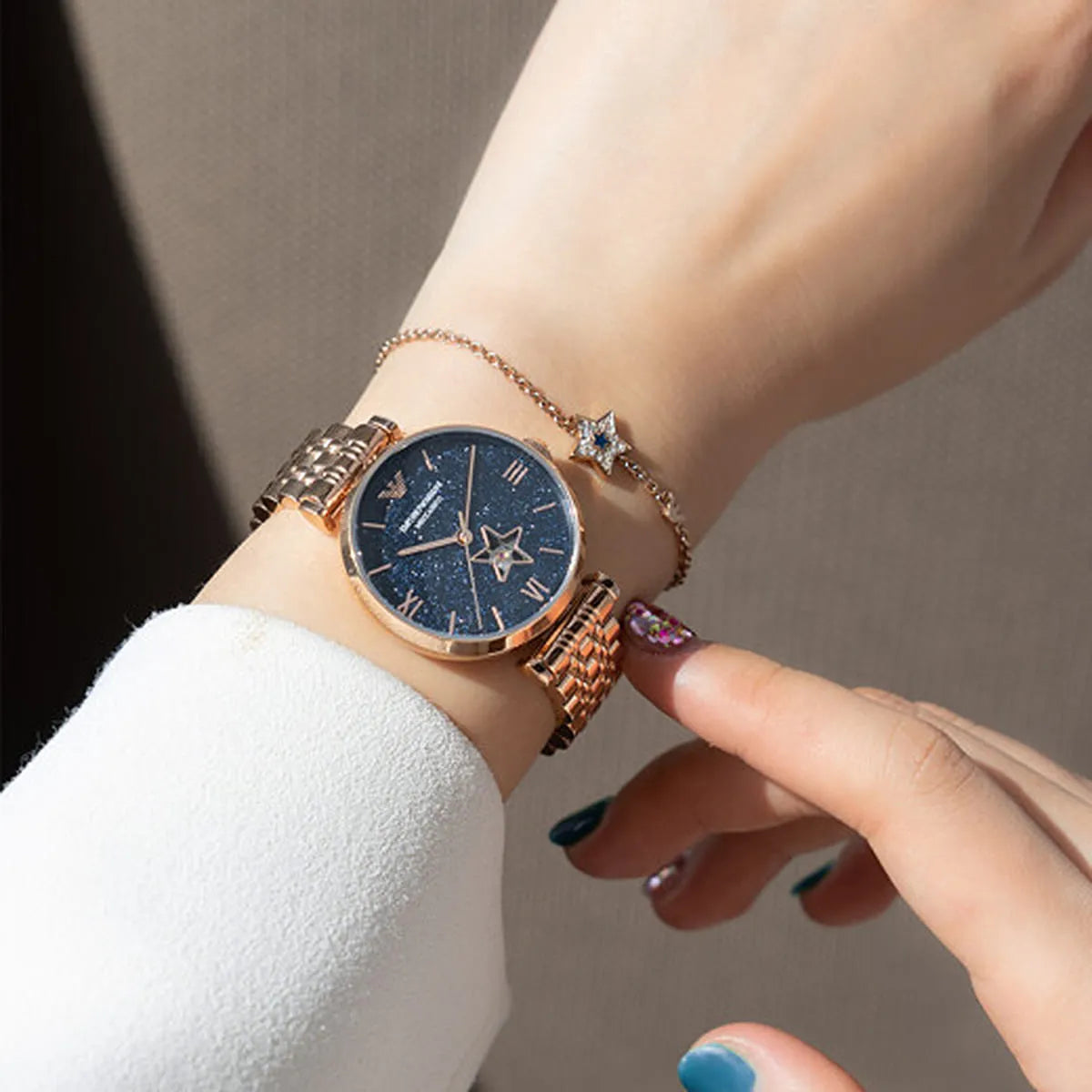 Emporio Armani Meccanico Gianni T Bar Blue Dial Rose Gold Steel Strap Watch For Women - AR60043