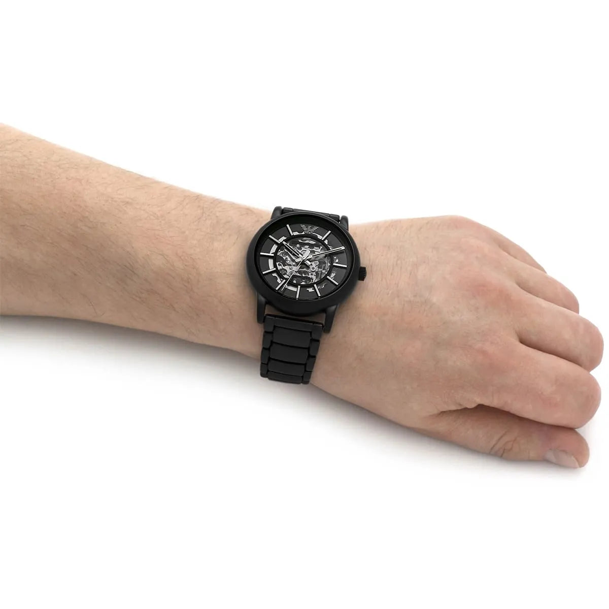 Emporio Armani Meccanico Skeleton Black Dial Black Steel Strap Watch For Men - AR60045