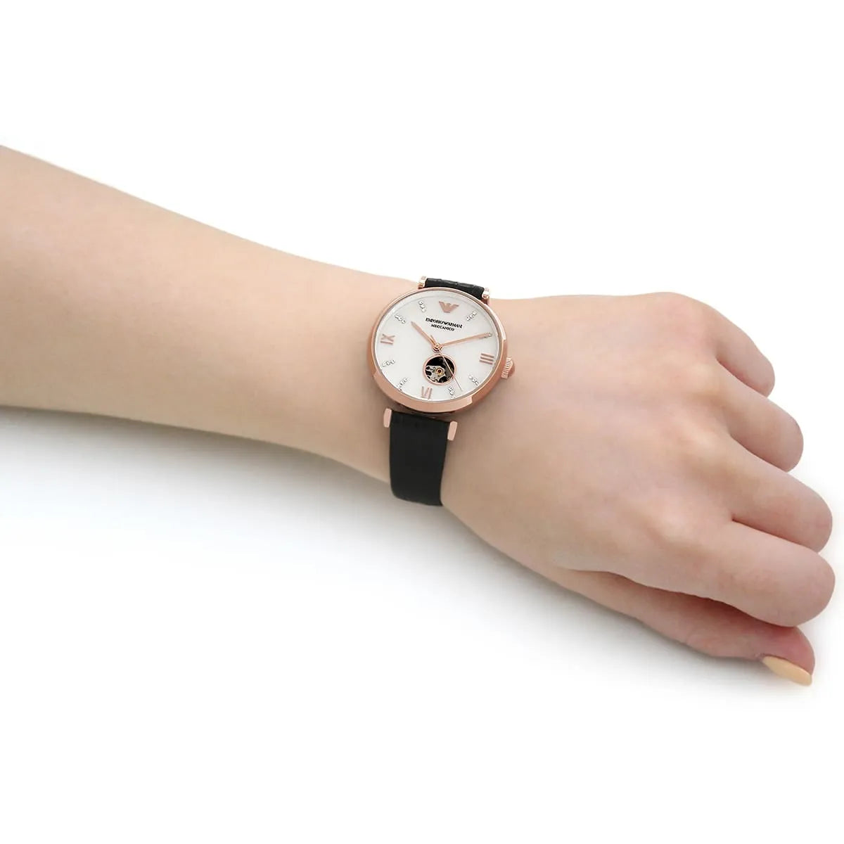 Emporio Armani Meccanico Gianni T Bar Mother of Pearl White Dial Black Leather Strap Watch For Women - AR60047
