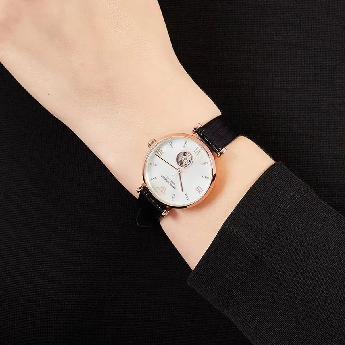Emporio Armani Meccanico Gianni T Bar Mother of Pearl White Dial Black Leather Strap Watch For Women - AR60047