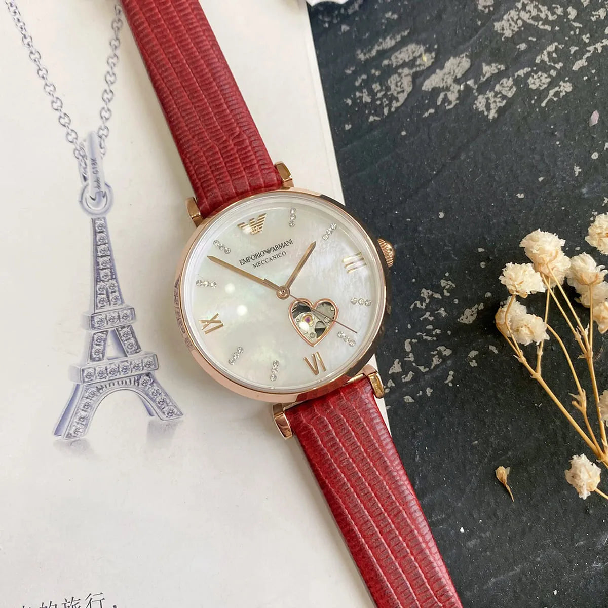 Emporio Armani Meccanico Gianni T-Bar Mother of Pearl White Dial Red Leather Strap Watch For Women - AR60048