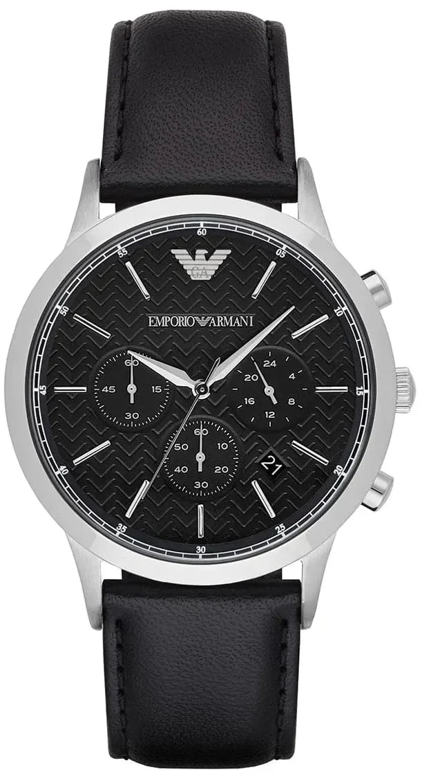 Emporio Armani Renato Chronograph Black Dial Black Leather Strap Watch for Men - AR8034