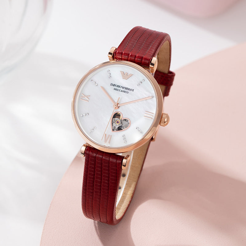 Emporio Armani Meccanico Gianni T-Bar Mother of Pearl White Dial Red Leather Strap Watch For Women - AR60048