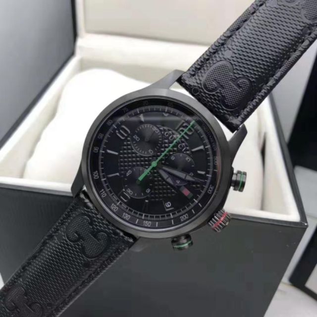 Gucci G Timeless Chronograph Black Dial Black Leather Strap Watch For Men - YA126244