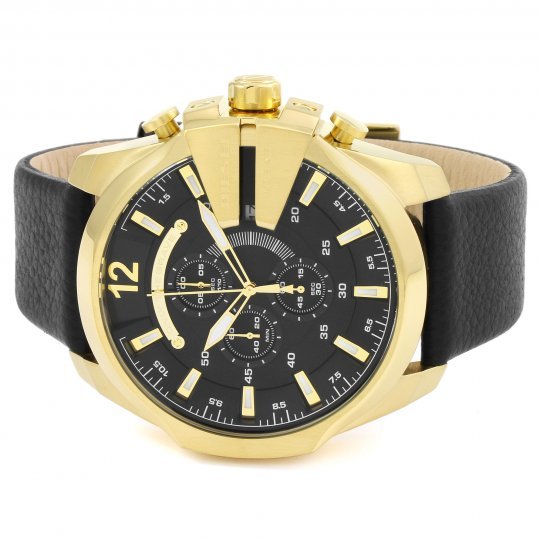 Diesel Mega Chief Chronograph Black Dial Black Leather Strap Watch For Men - DZ4344