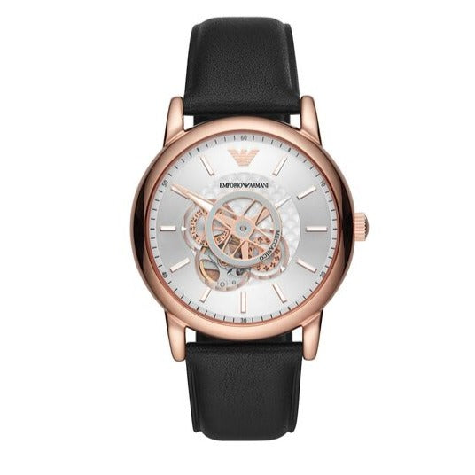 Emporio Armani Luigi Automatic Skeleton Silver Dial Black Leather Strap Watch For Men - AR60013
