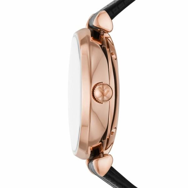 Emporio Armani Meccanico Gianni T Bar Mother of Pearl White Dial Black Leather Strap Watch For Women - AR60047