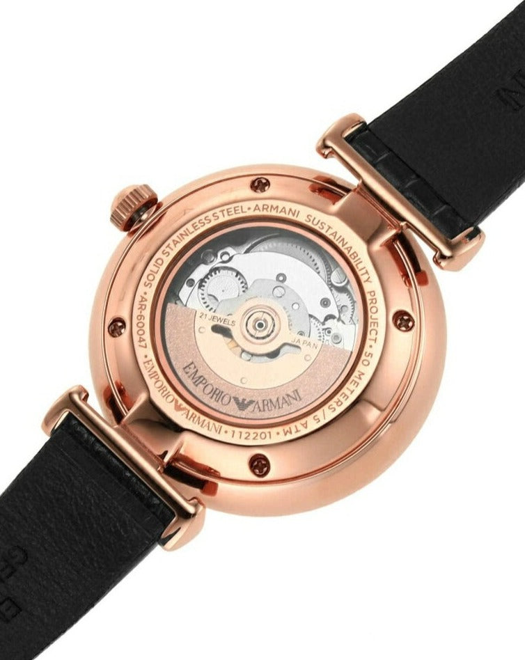 Emporio Armani Meccanico Gianni T Bar Mother of Pearl White Dial Black Leather Strap Watch For Women - AR60047
