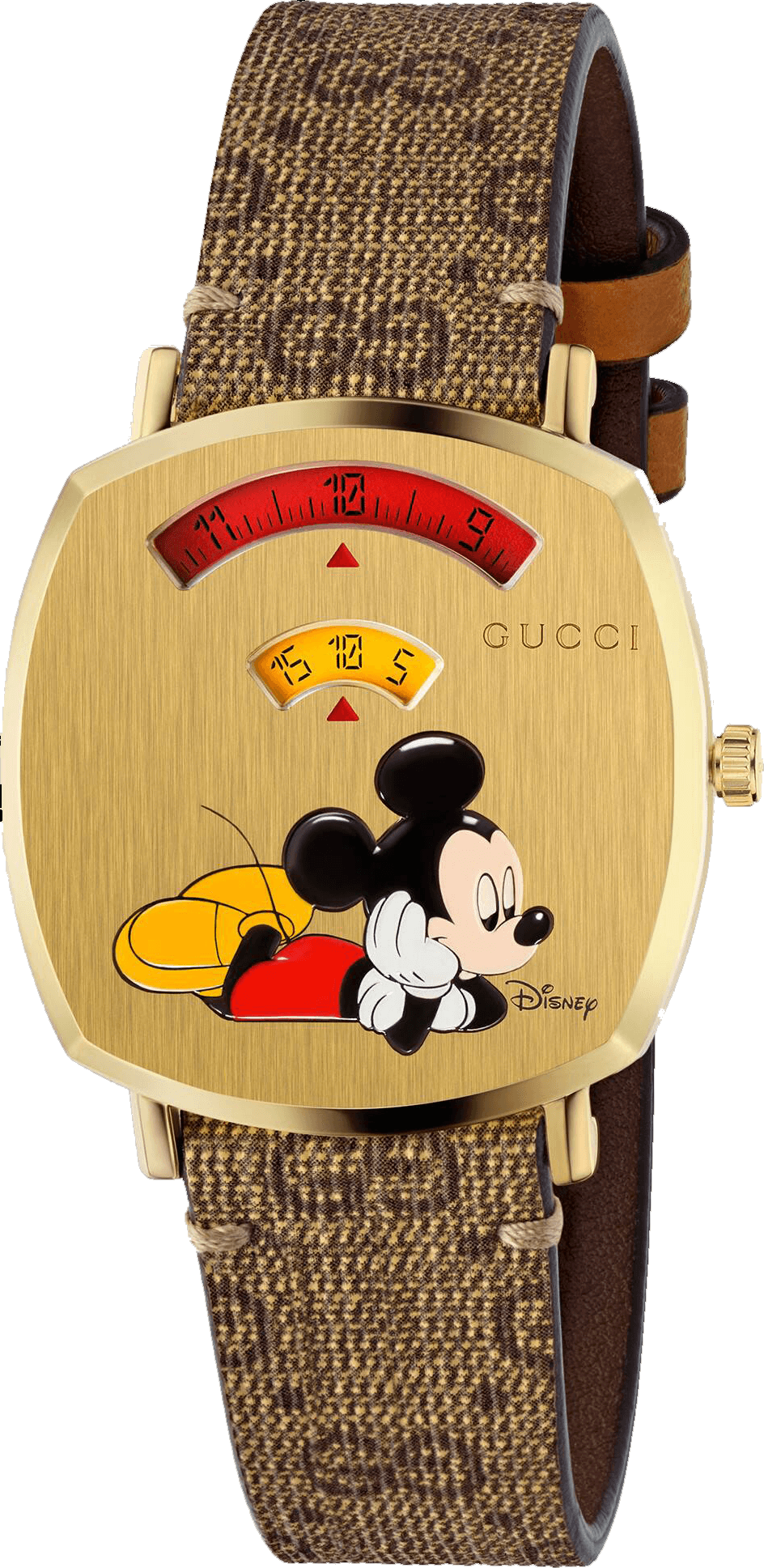 Gucci Grip Disney Mickey Mouse Gold Dial Brown Leather Strap Watch For Women - YA157420