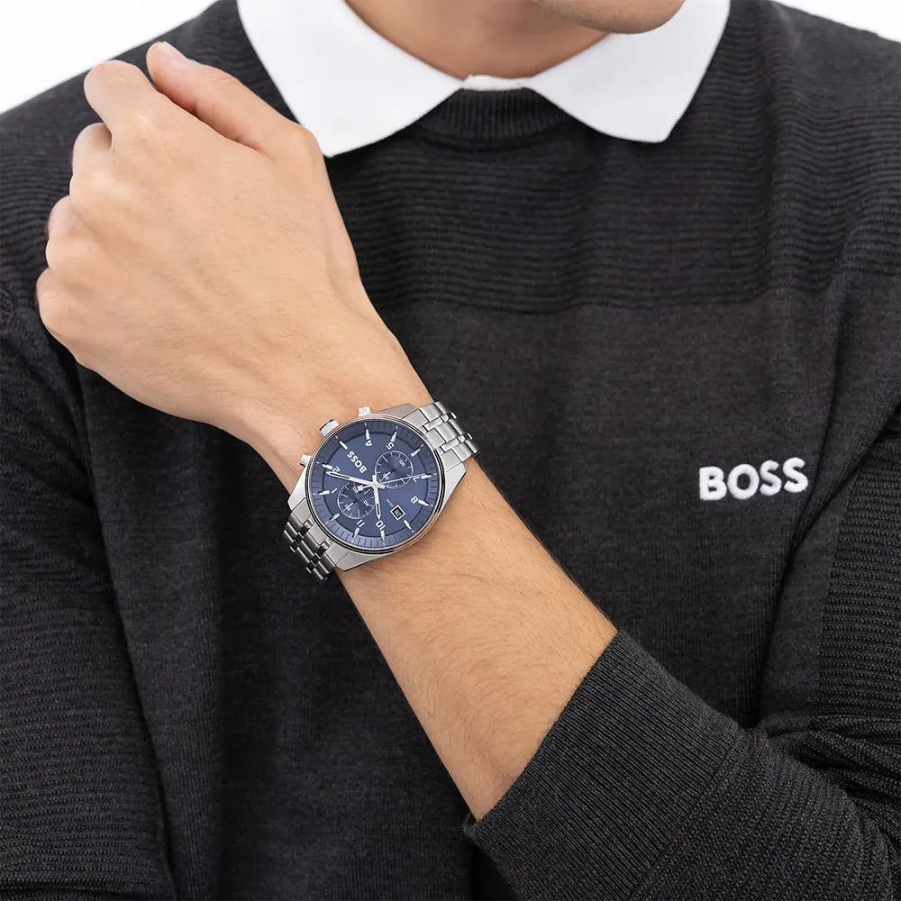 Hugo Boss Skytraveller Chronograph Blue Dial Silver Steel Strap Watch for Men - 1514216