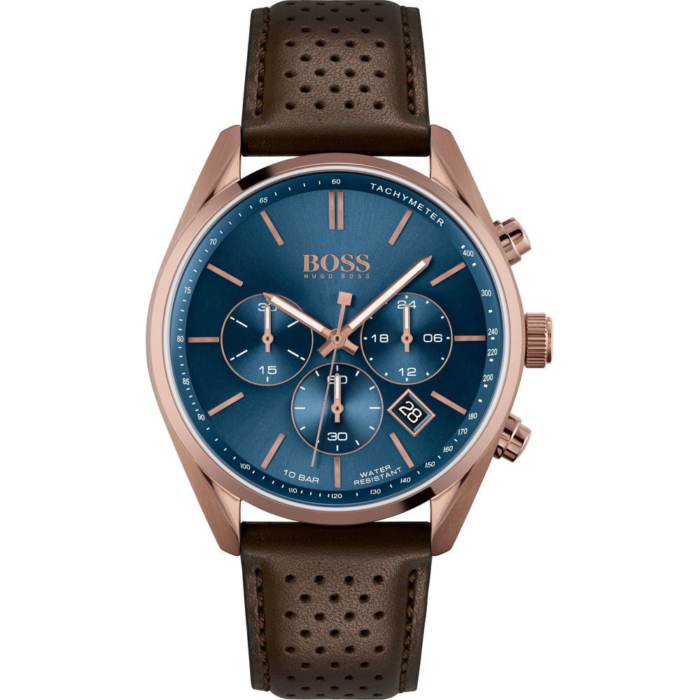 Hugo Boss Champion Chronograph Blue Dial Brown Leather Strap Watch for Men - 1513817