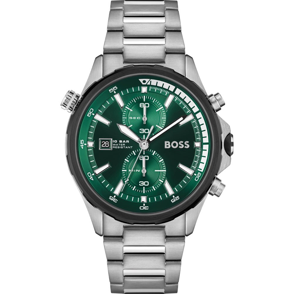 Hugo Boss Globetrotter Chronograph Green Dial Silver Steel Strap Watch for Men - 1513930