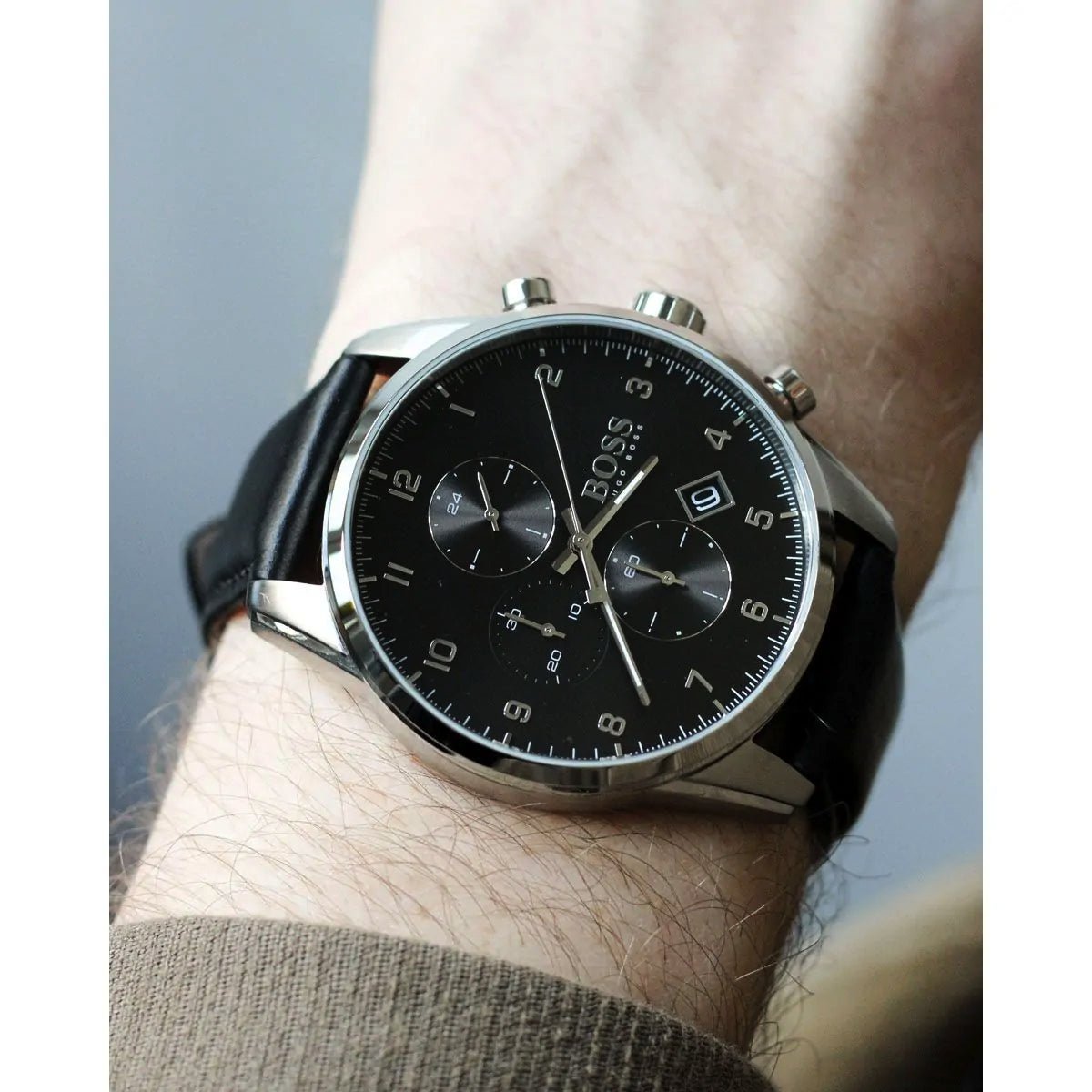 Hugo Boss Skymaster Chronograph Black Dial Black Leather Strap Watch for Men - 1513782