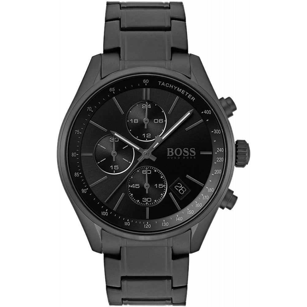 Hugo Boss Grand Prix Chronograph Black Dial Black Steel Strap Watch for Men - 1513676