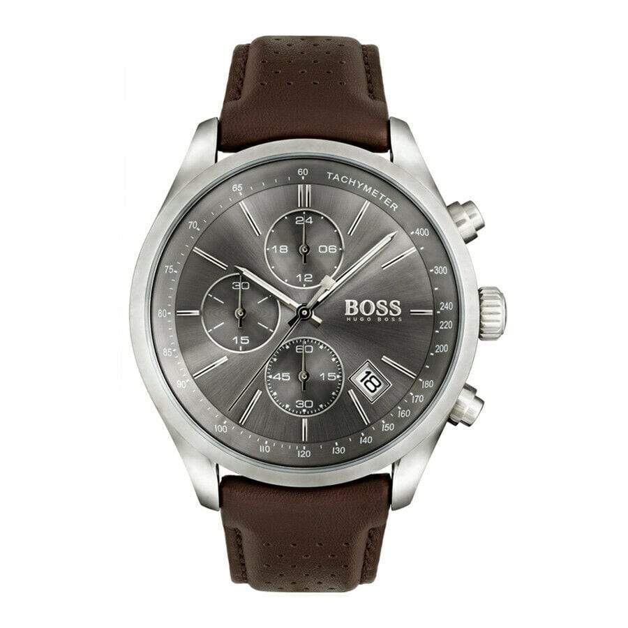 Hugo Boss Grand Prix Chronograph Grey Dial Brown Leather Strap Watch for Men - 1513476