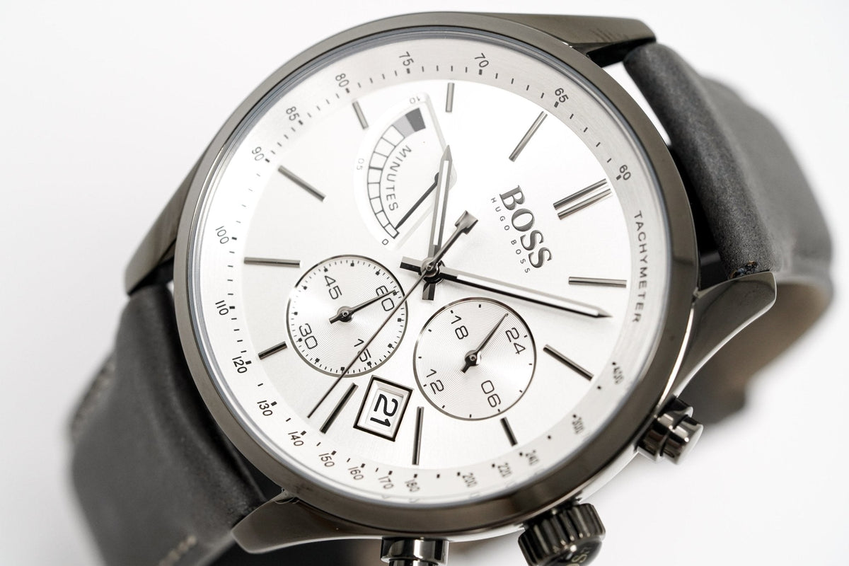 Hugo Boss Grand Prix White Dial Grey Leather Strap Watch for Men - 1513633