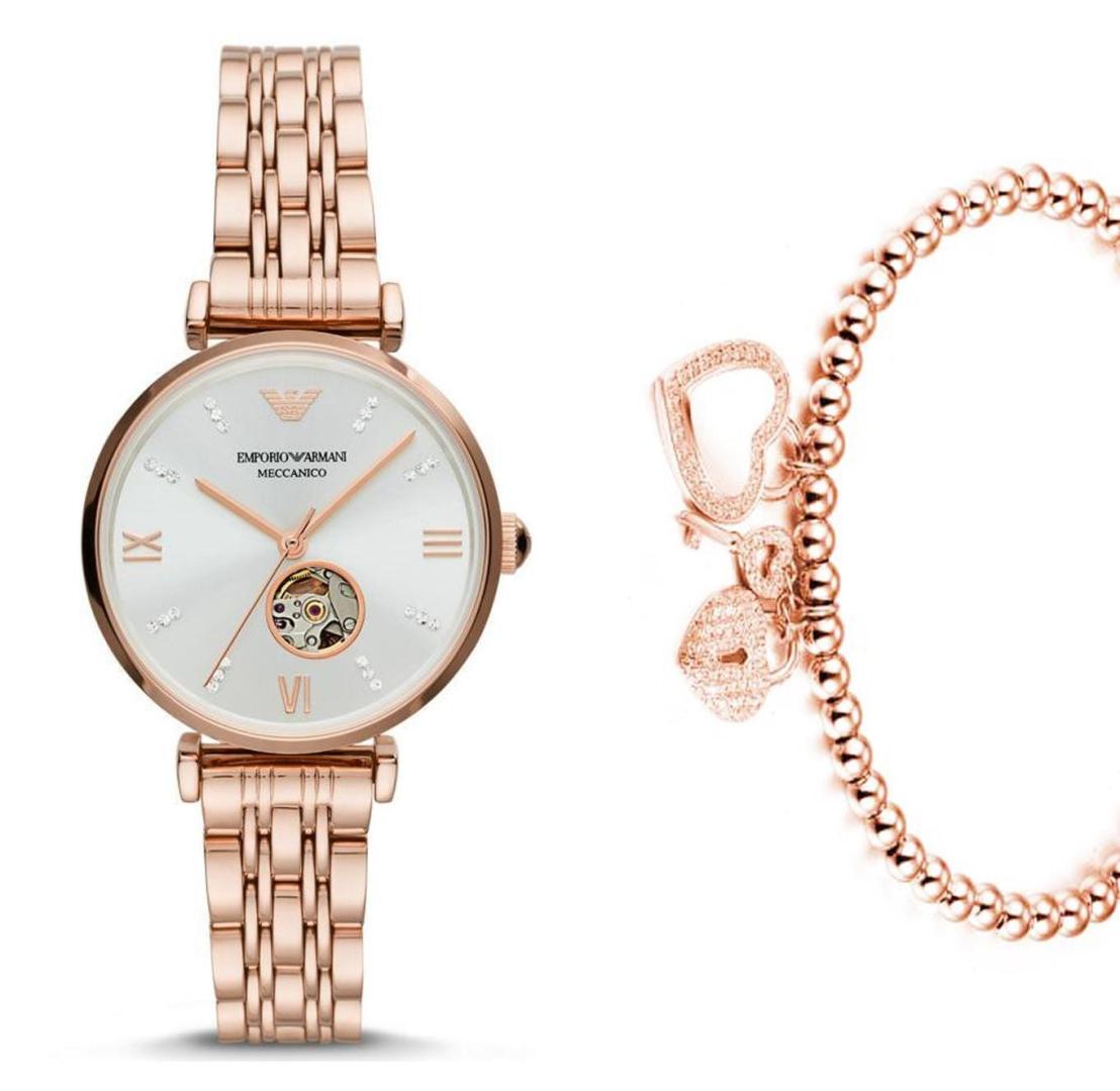 Emporio Armani Meccanico Gianni T-Bar Silver Dial Rose Gold Steel Strap Watch For Women - AR60023