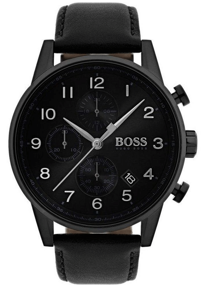Hugo Boss Navigator Chronograph Black Dial Black Leather Strap Watch for Men - 1513497