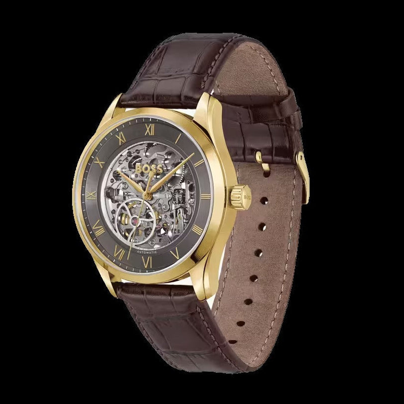 Hugo Boss Principle Skeleton Grey Dial Brown Leather Strap Watch for Men - 1514253