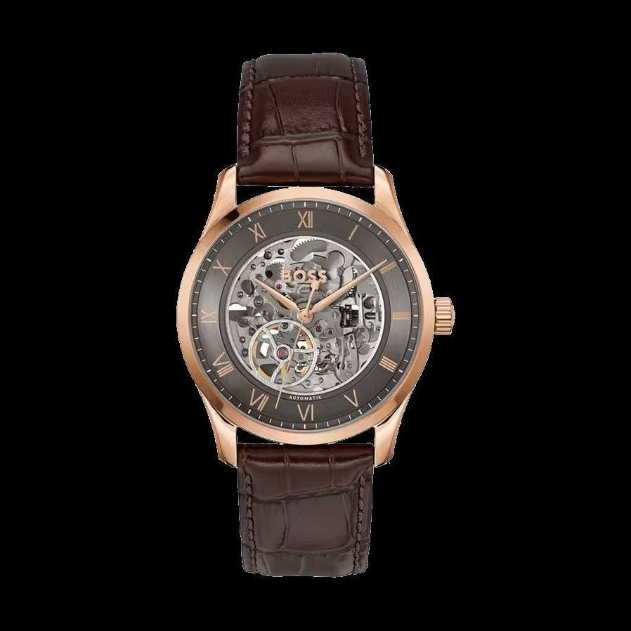 Hugo Boss Principle Skeleton Grey Dial Brown Leather Strap Watch for Men - 1514253