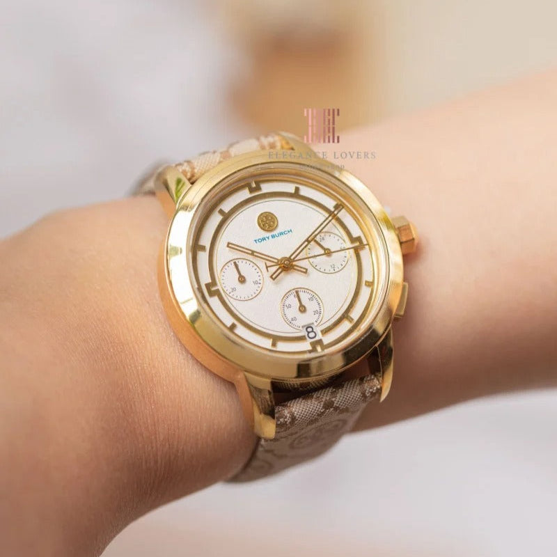 Tory Burch The Tory Chronograph White Dial Maroon Jacquard Strap Watch for Women - TBW1050