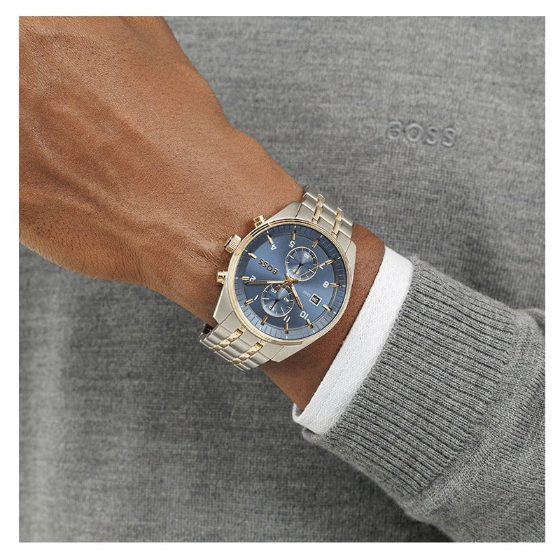 Hugo Boss Skytraveller Chronograph Blue Dial Two Tone Steel Strap Watch for Men - 1514247