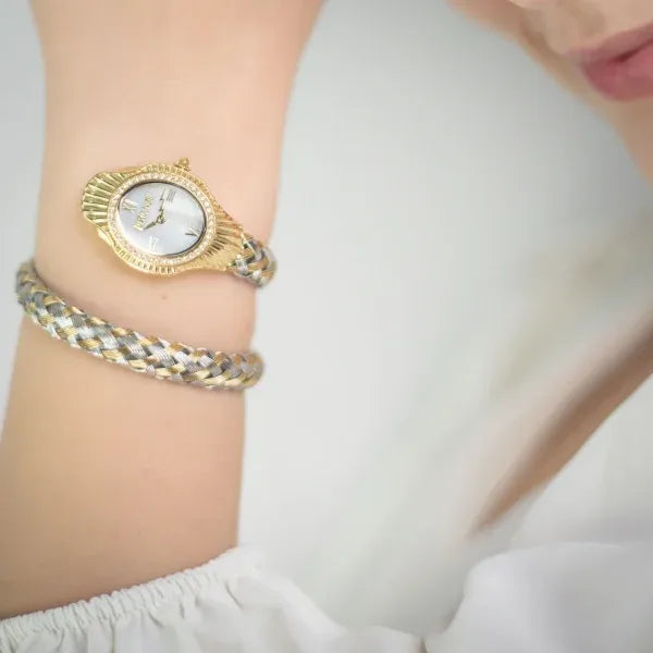 Just Cavalli Twined Mother of Pearl Dial Two Tone Steel Strap Watch for Women - JC1L305M0055
