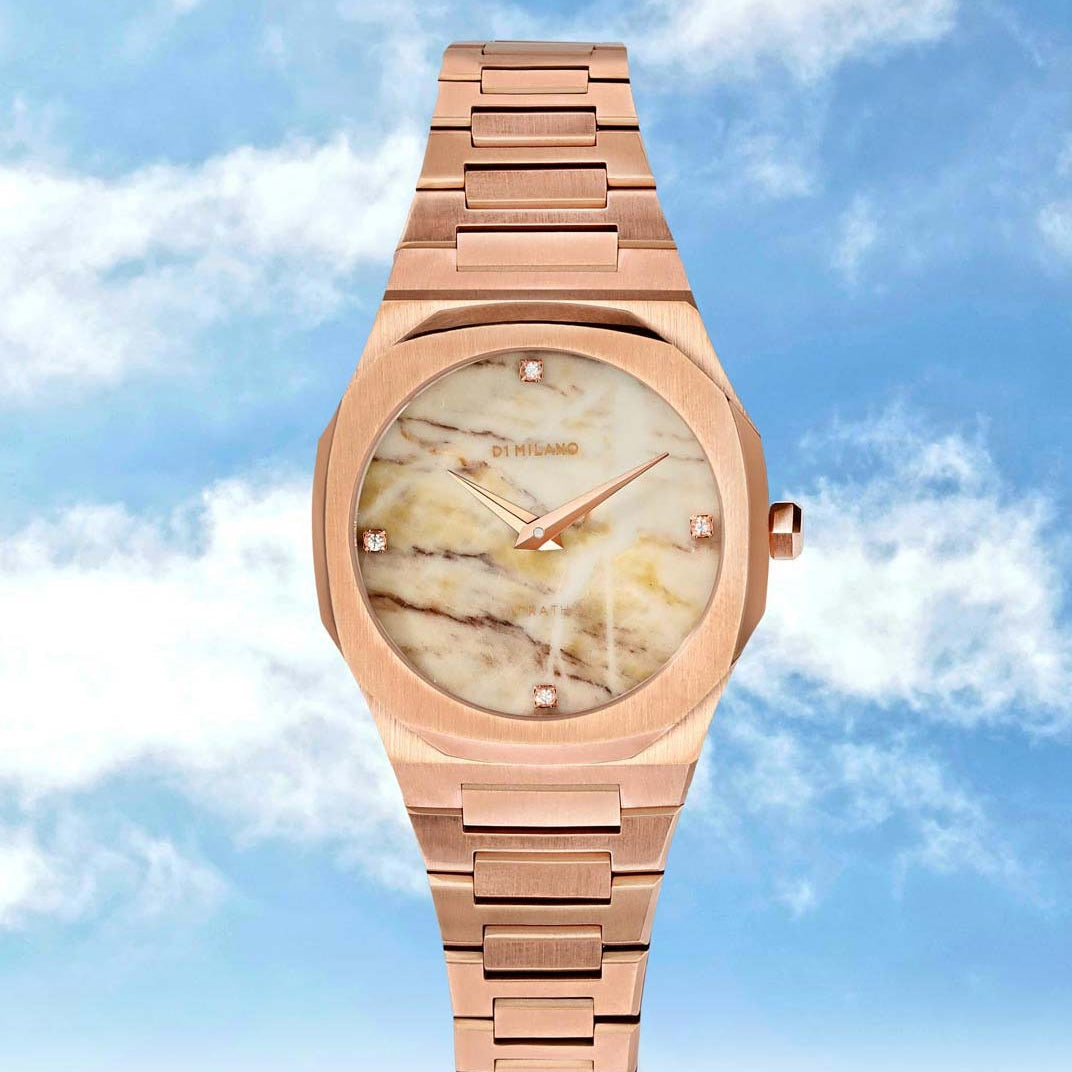 D1 Milano Ultra Thin Marble Dial Rose Gold Steel Strap Watch for Women - D1-UTBL14