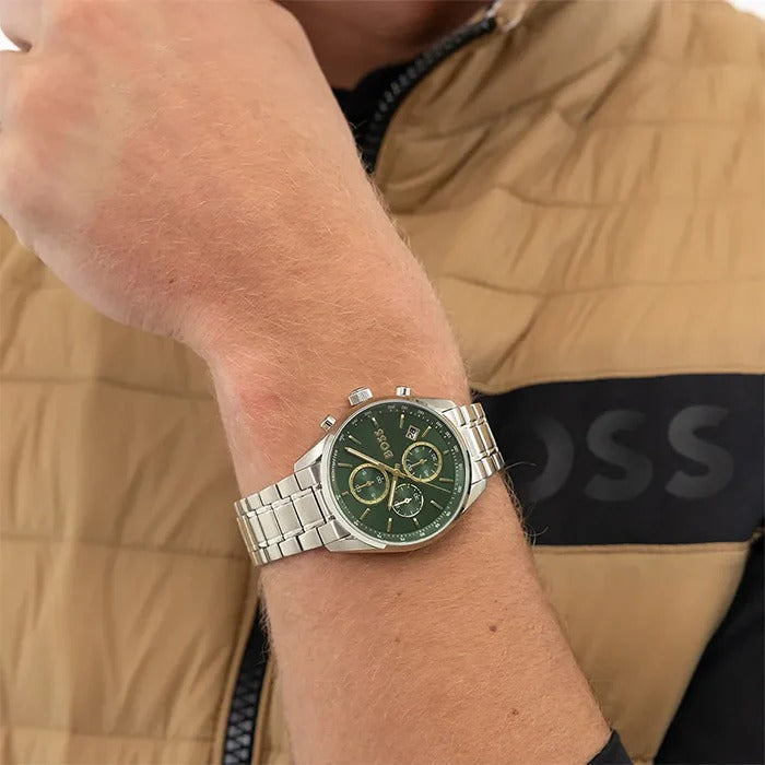 Hugo Boss Grand Prix Chronograph Green Dial Silver Steel Strap Watch for Men - 1514266