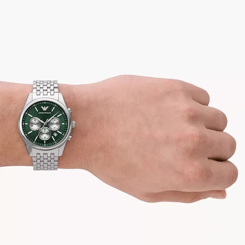 Emporio Armani Antonio Chronograph Green Dial Silver Steel Strap Watch for Men - AR11581