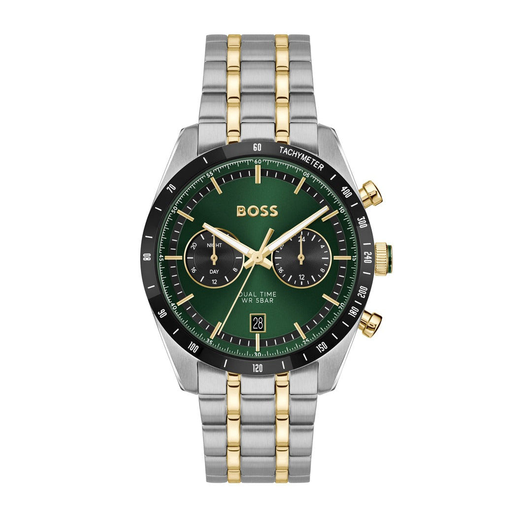 Hugo Boss Tourmaster Chronograph Green Dial Two Tone Steel Strap Watch for Men - 1514287