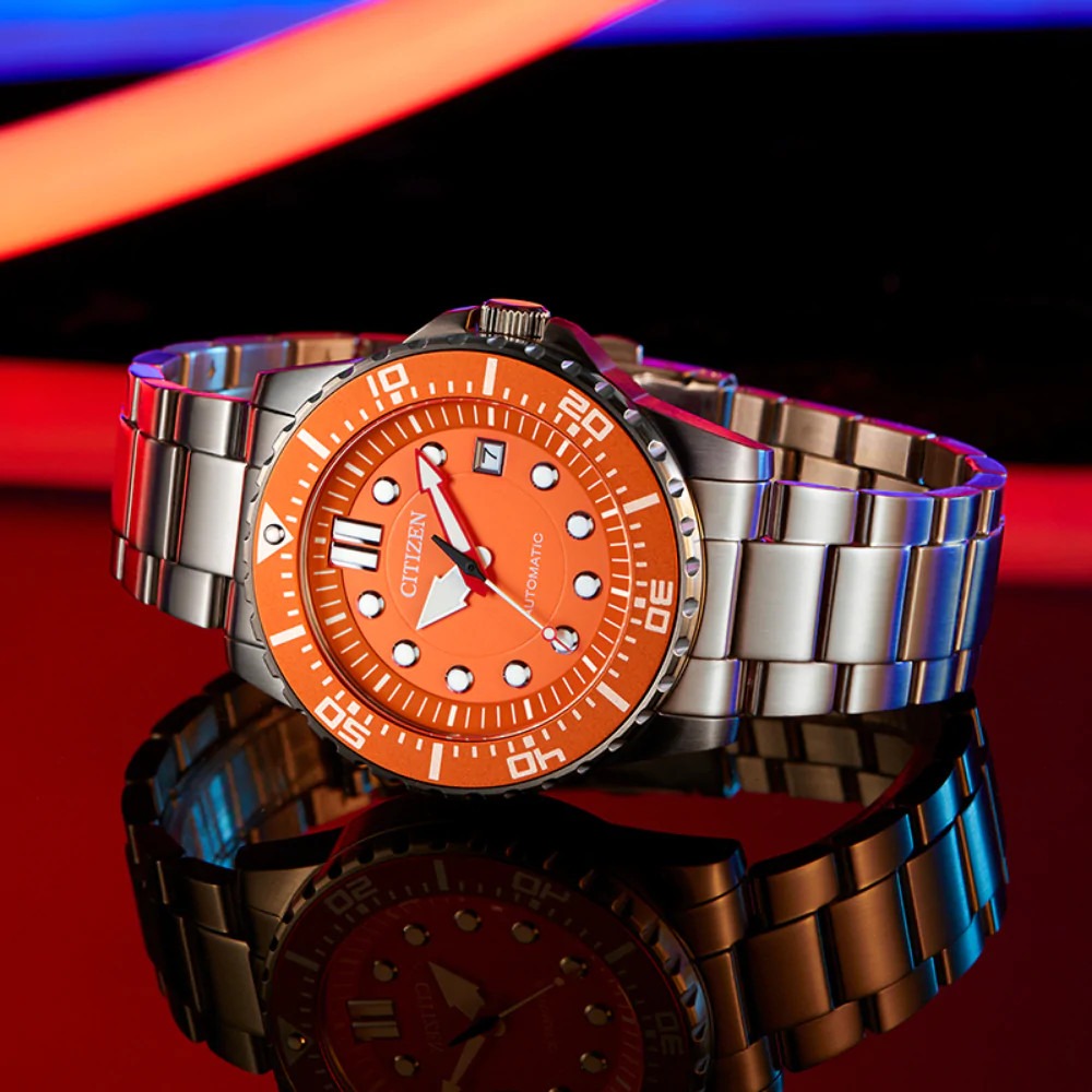 Citizen Mechanical Automatic Orange Dial Silver Steel Strap Watch for Men - NJ0128-80X