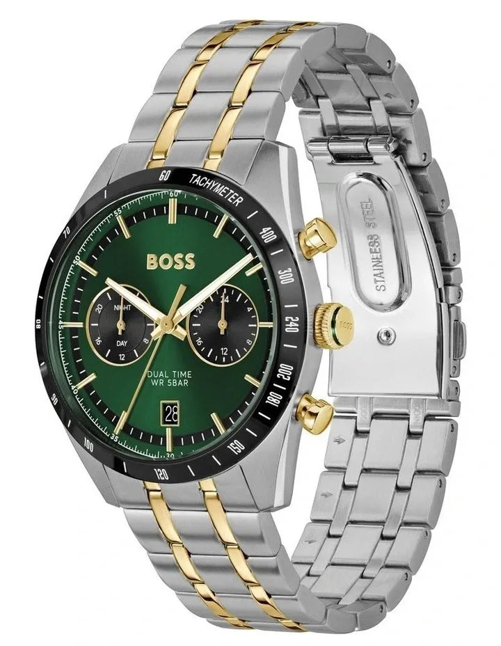 Hugo Boss Tourmaster Chronograph Green Dial Two Tone Steel Strap Watch for Men - 1514287