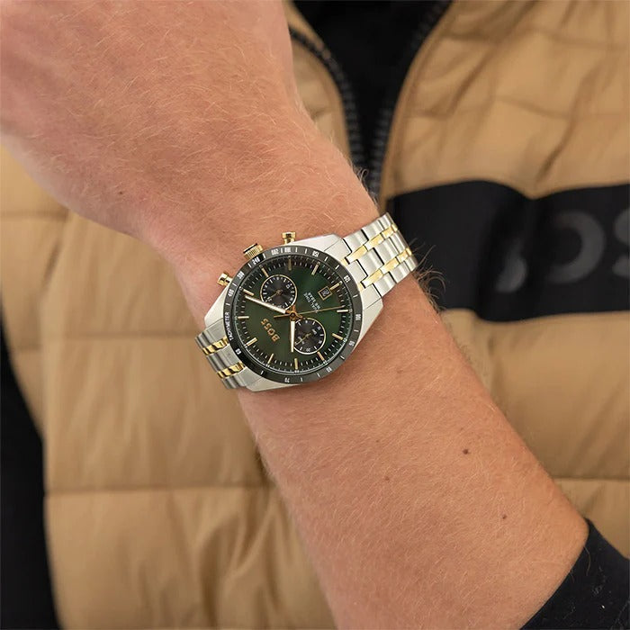 Hugo Boss Tourmaster Chronograph Green Dial Two Tone Steel Strap Watch for Men - 1514287