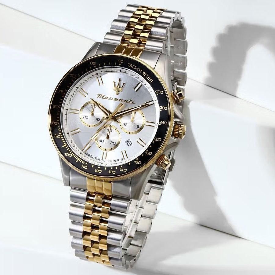 Maserati SFIDA Chronograph Silver Dial Two Tone Steel Strap Watch for Men - R8873640024