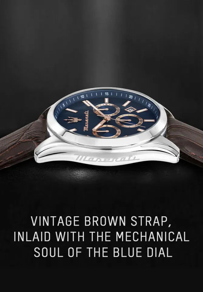Maserati Attraction Limited Edition Chronograph Blue Dial Brown Leather Strap Watch for Men - R8851151003