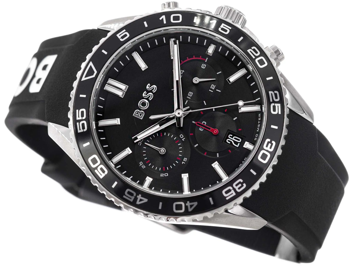 Hugo Boss Runner Chronograph Black Dial Black Silicone Strap Watch for Men - 1514141