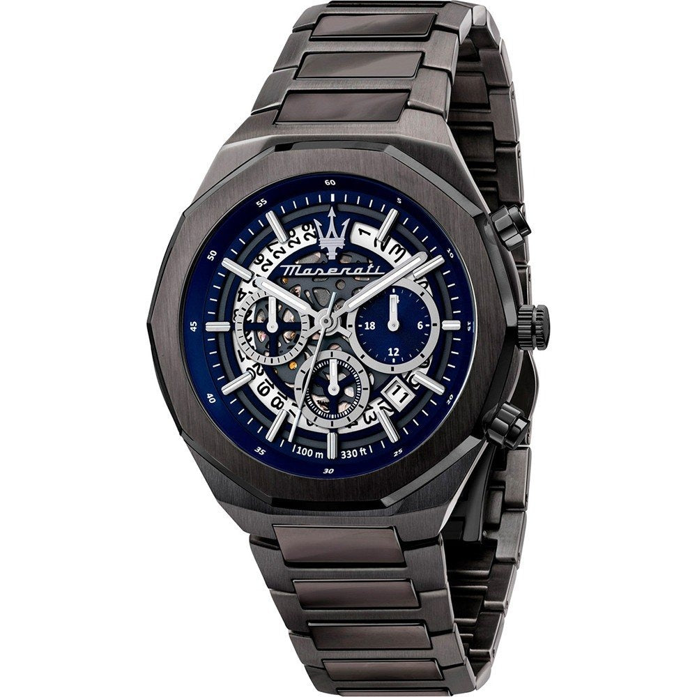 Maserati Stile Skeleton Chronograph Blue Dial Grey Steel Strap Watch for Men - R8873642012