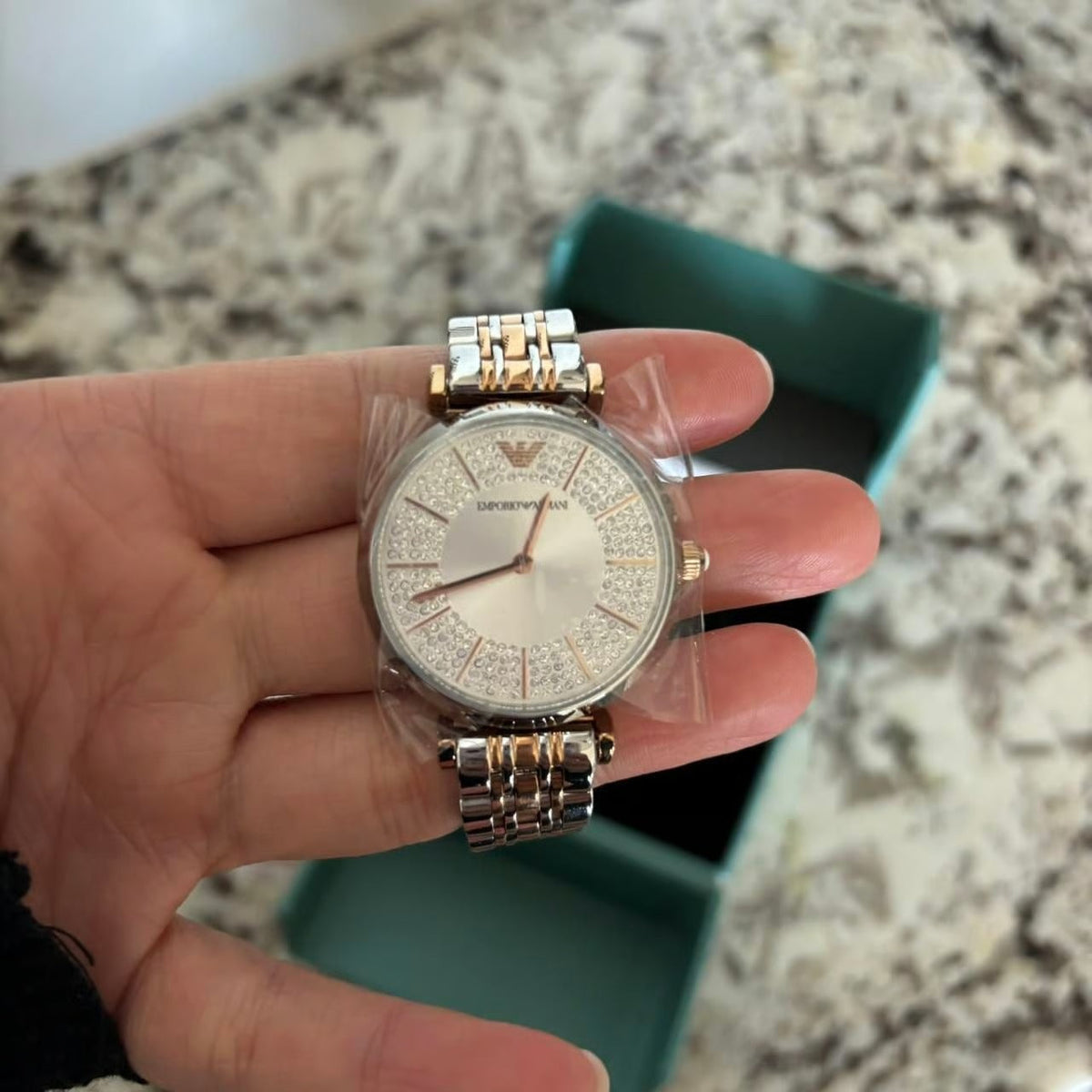 Emporio Armani Gianni T Bar Silver Dial Two Tone Steel Strap Watch for Women - AR11537