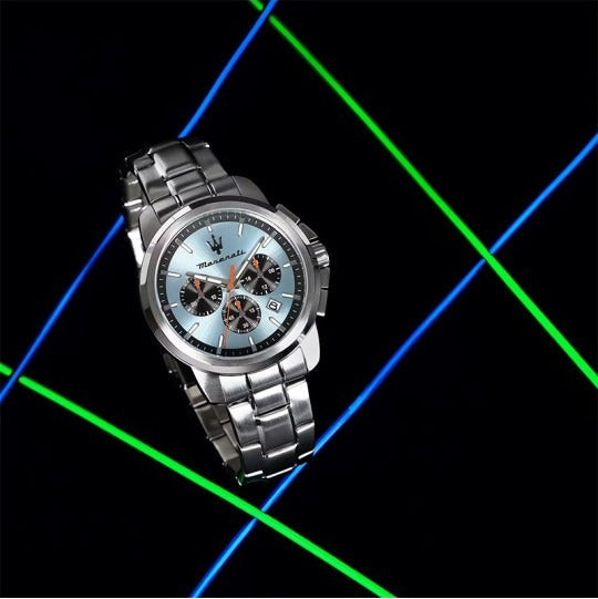 Maserati Successo Chronograph Ice Blue Dial Silver Steel Strap Watch for Men - R8873621044