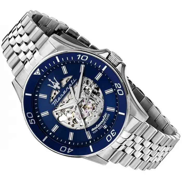 Maserati SFIDA Skeleton Automatic Blue Dial Silver Steel Strap Watch for Men - R8823140011