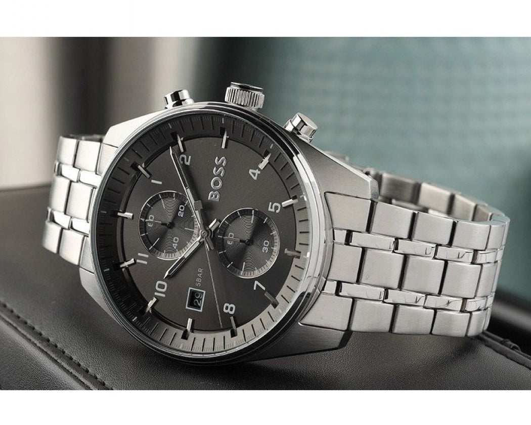 Hugo Boss Skytraveller Chronograph Grey Dial Silver Steel Strap Watch for Men - 1514151