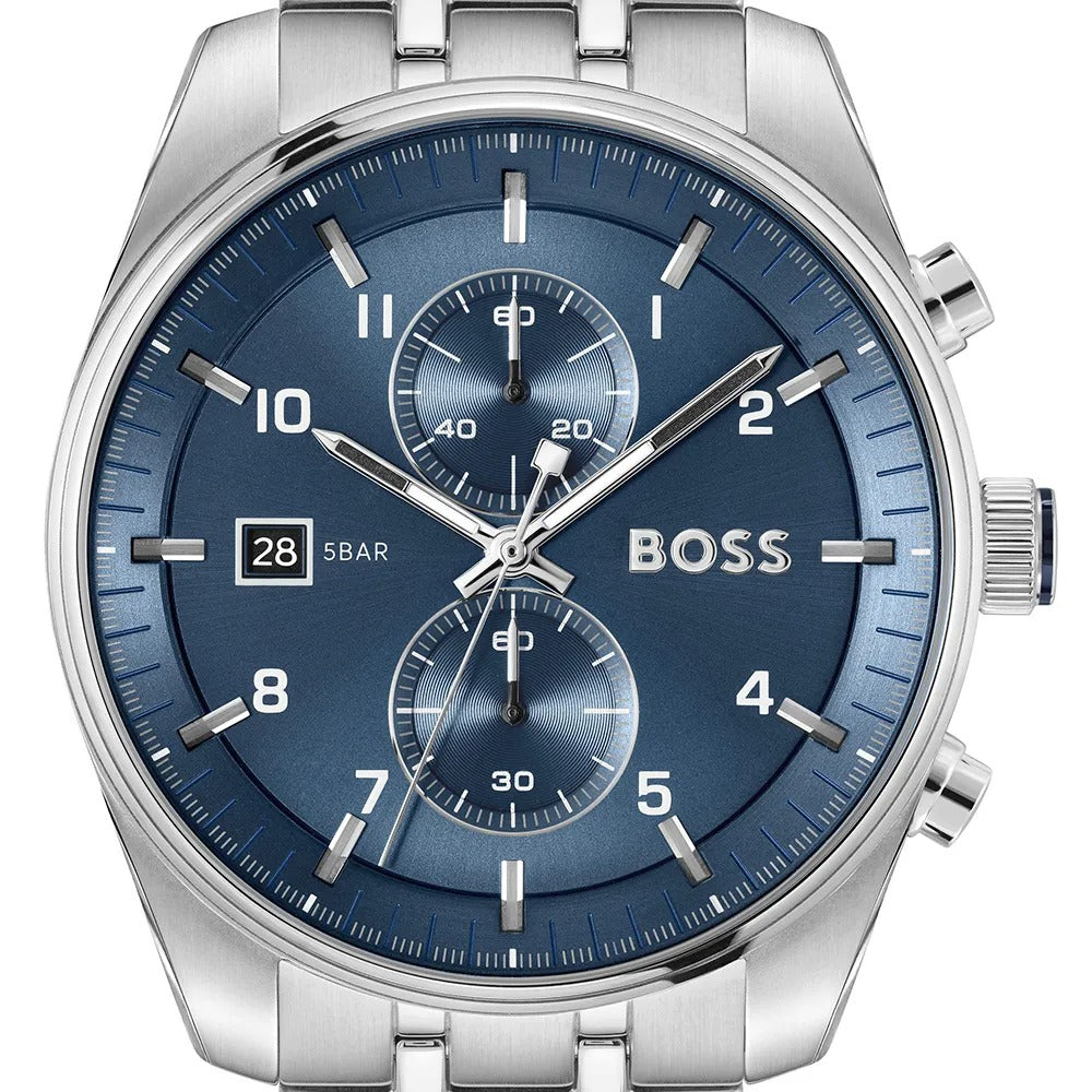 Hugo Boss Skytraveller Chronograph Blue Dial Silver Steel Strap Watch for Men - 1514216