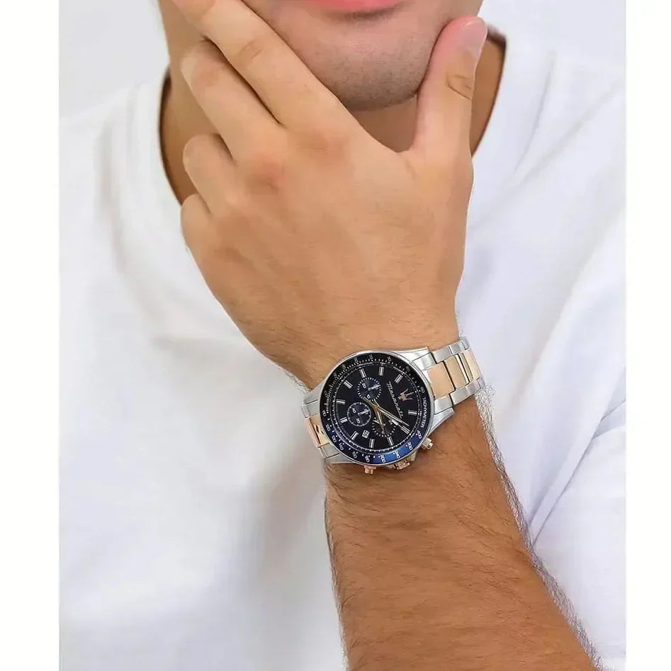 Maserati SFIDA Chronograph Blue Dial Two Tone Steel Strap Watch for Men - R8873640022
