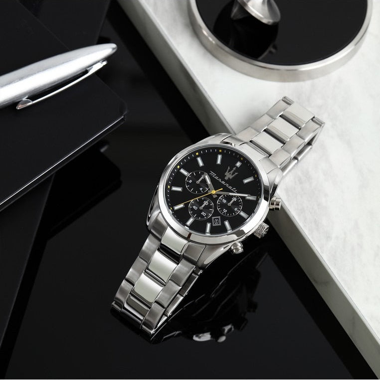 Maserati Attrazione Chronograph Black Dial Silver Steel Strap Watch for Men - R8853151010