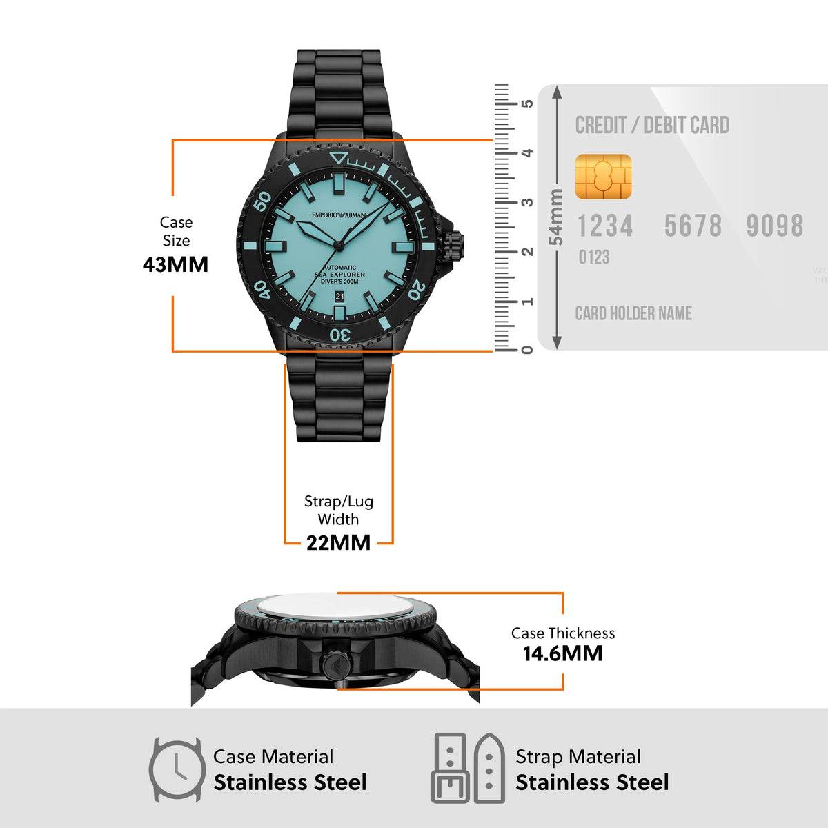Emporio Armani Sea Explorer Turquoise Blue Dial Black Steel Strap Watch for Men - AR60084