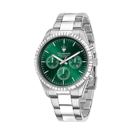 Maserati Competizione Chronograph Green Dial Silver Steel Strap Watch for Men - R8853100044